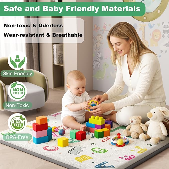 1.3" Thick Baby Play Mat for Floor, Elasti-Foam 71x59 Playpen Mat, Water Repellent Ultra Soft Coral Velvet Tummy Time Crawling Mats for Kid Toddlers Infants, Non-Slip Backing Safe Alphabet Zoo