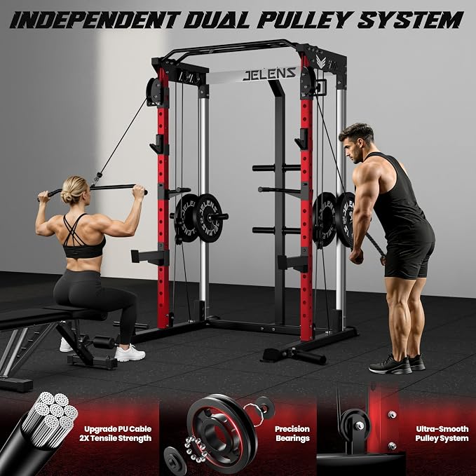 JELENS C21 Power Cage, 2000LBS Multi-Function Power Rack with Independent Dual Pulley System, All-in-One Squat Rack for Cable Crossover, Home Gym Workout Machine