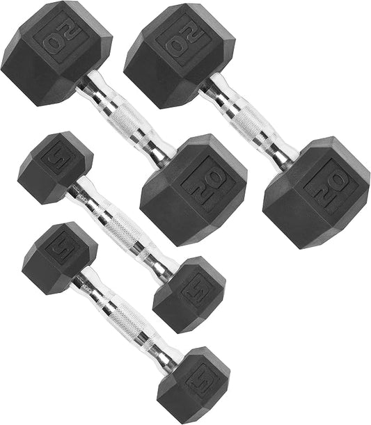 CAP Rubber Coated Dumbbell Weights, Free Weights for Home Gym Strength Training, Anti-Roll Hex Dumbbells with Black, Chrome & Comfort Grip Handles, Pairs & Sets