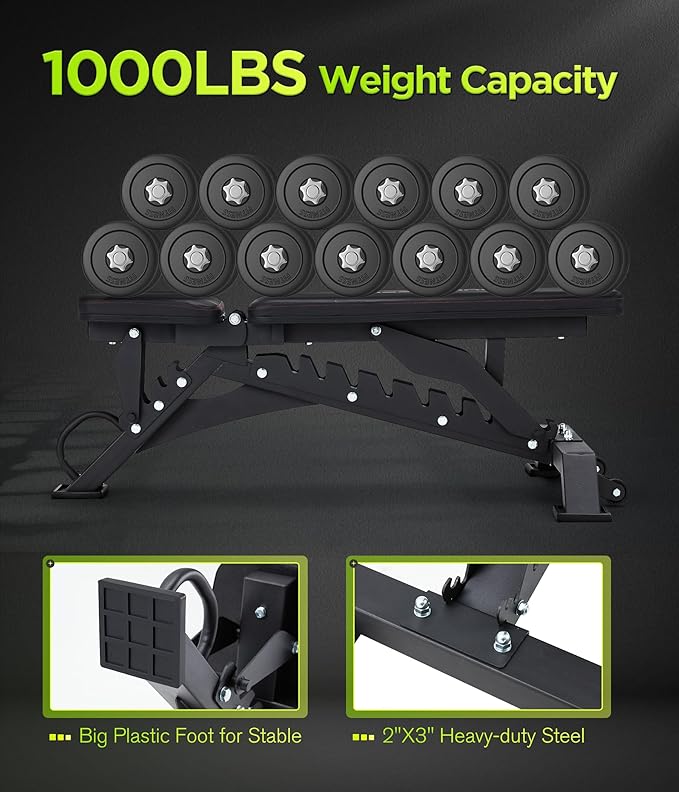 Heavy Duty Weight Bench | 1000LB Capacity,Adjustable FID Workout Bench Weight Lifting,Black,for Gym and Home Gym