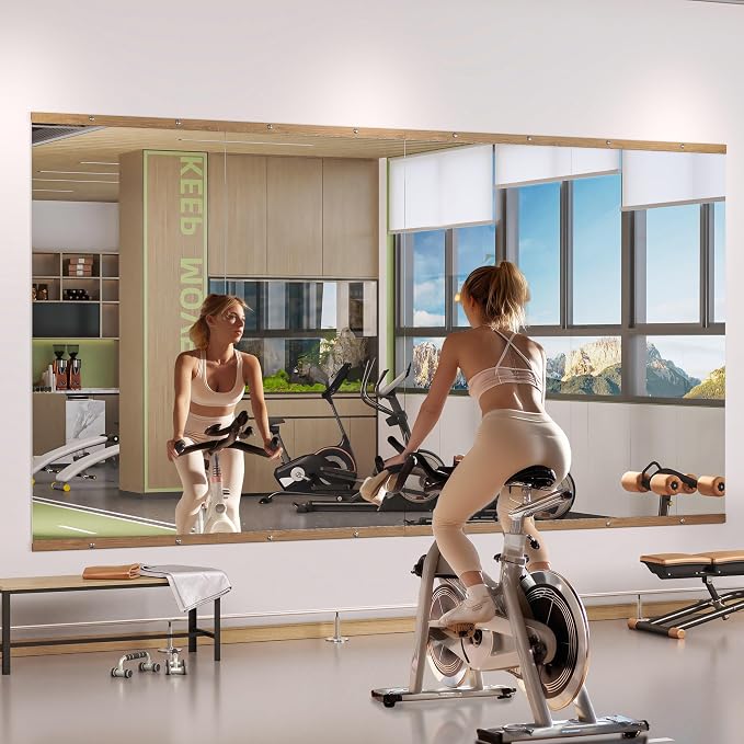 Hasipu 2Pcs 48''x24'' Home Gym Mirror Large Full Length Wall Mounted Full Body Mirror for Yoga Dance Fitness Exercise Studio Bedroom Garage, Frameless Tempered Glass Workout Mirrors Walnut Rectangular