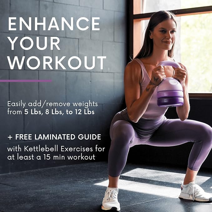 Polyfit Adjustable Kettlebell | 5 lb - 12 lb | Kettlebells Weights Set for Home Gym | Kettle Bell Sets for Women at Home | 3-in-1 adjustable design, 5/8/12 lb settings, non-slip PE coating, compact home gym storage, workout guide included