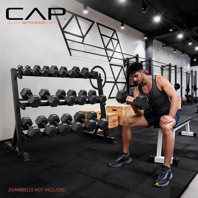 CAP 2-Tier & 3-Tier Dumbbell Rack for Home Gym, Heavy-Duty Steel Weight Storage Rack for Hex Dumbbells, Holds 5-35lb 5-50lb 5-75lb Dumbbell Pairs, Multiple Sizes & Capacities