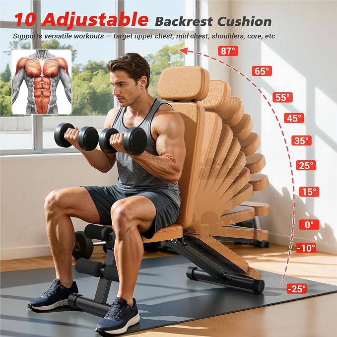 XDDIAS Workout Bench, 10 Backrests Adjustable Weight Bench with Extended Headrest, 800LBS Foldable Weight Bench for Home Gym, Incline Decline Flat Bench Compact for Small Space Training