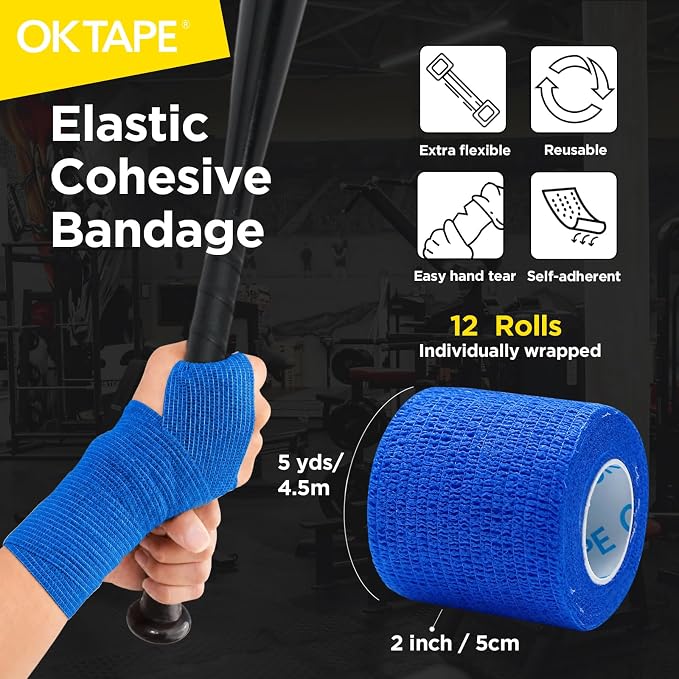 OK TAPE 12 Rolls Self Adhesive Bandage Wrap, Cohesive Elastic Athletic Tape | Vet Wrap, Sports Tape, Medical Wrap for Wrist, Feet, Self Stick Bandage Tape, 2" x 5 Yards - Blue