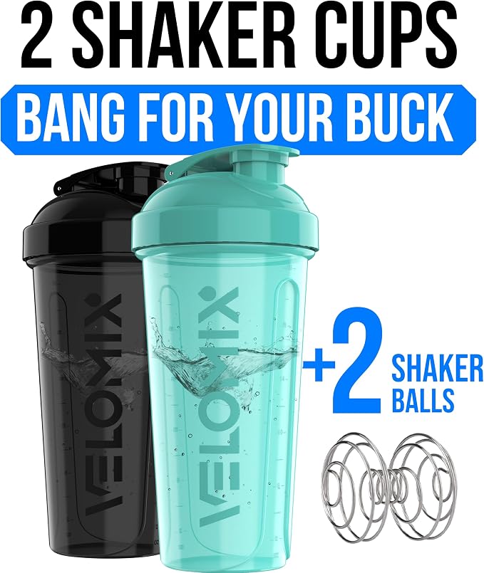 VELOMIX 2 Pack 28oz Protein Shaker Bottle, Black/Turquoise | 2x Wire Whisk, Leak Proof Shaker Cups for Protein Shakes, Stackable, Dishwasher safe, BPA free, Pre Workout and Fitness ready