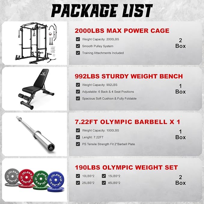 JELENS C12 Power Rack, 2000LBS Squat Rack with Cable Crossover System, Workout Cage with More Training Attachments for Home Gym