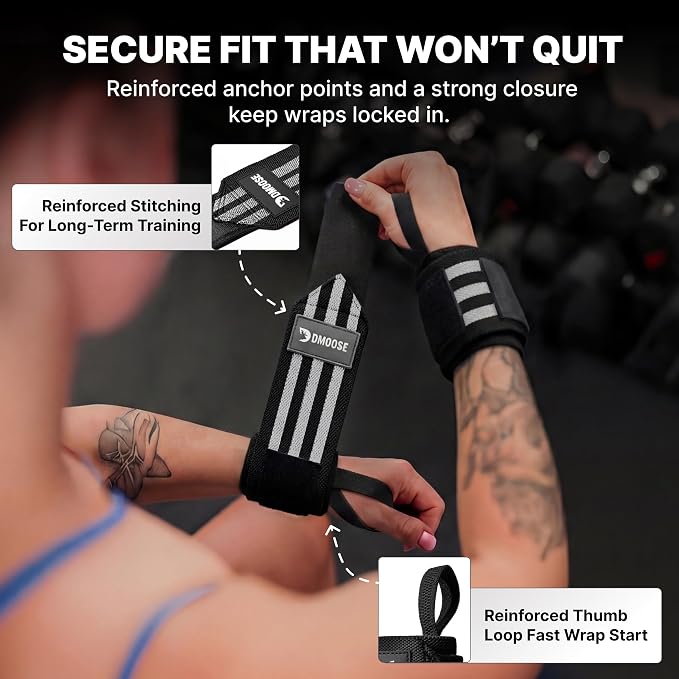DMoose Fitness Wrist Wraps for Weightlifting 18" - Heavy Duty Gym Wrap with Hand Thumb Loop for Support & Pain Relief, USPA Approved Powerlifting, Weight Lifting Wrist Straps for Men & Women Work Out