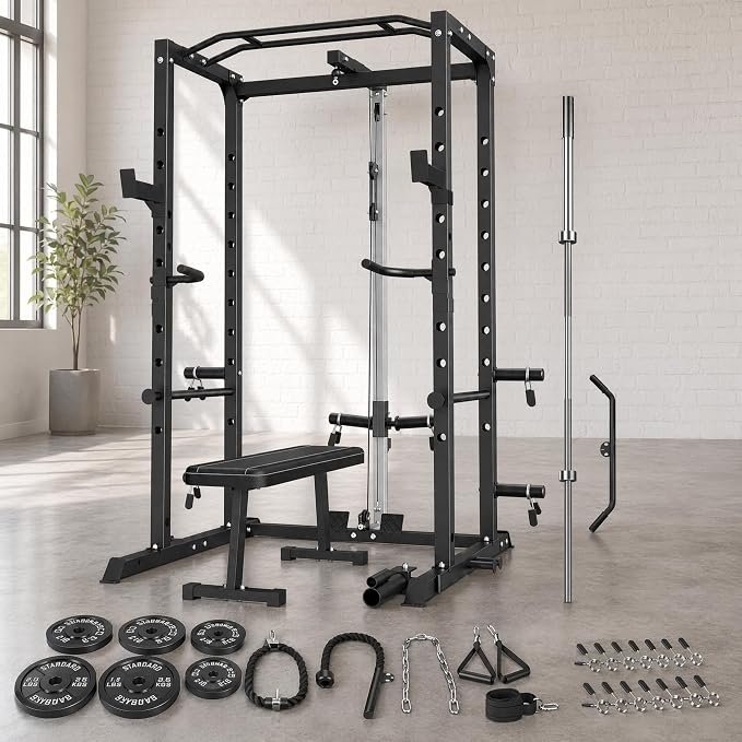5-in-1 Power Rack Heavy Duty Home Gym | 5 Configs: Only, +Pulley, +Bench, +150LB, +240LB. 1200LB, 50x50mm, 83"H. J-Hooks, Safety Bars, Landmine. Olympic 2" Plates.