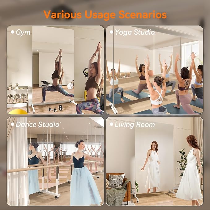 Hasipu 71" x 28" Large Full Length Rolling Mirror with Wheels, White | Tempered glass, sturdy metal frame, smooth rolling casters, removable stand, ideal for gym, bedroom, dance studio & yoga.