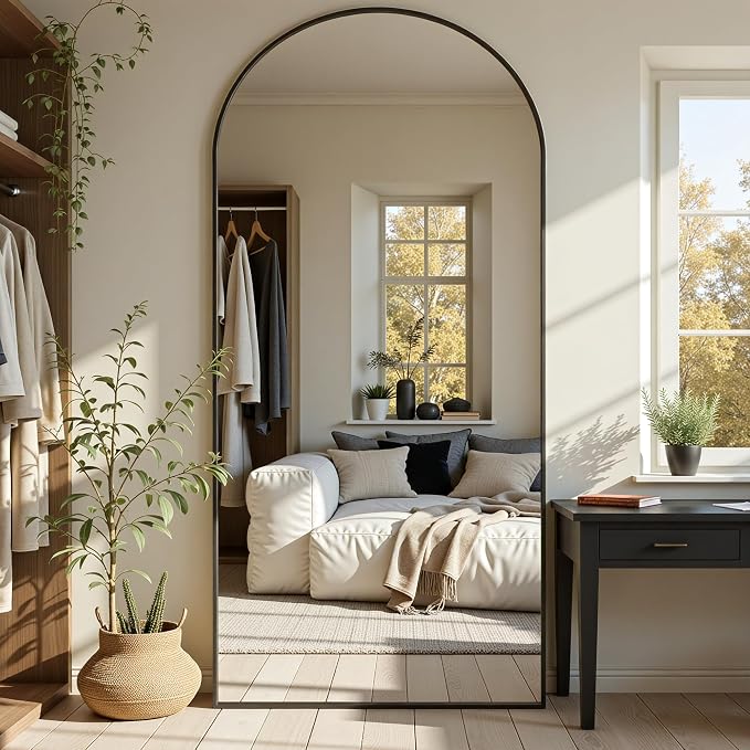 Full Length Mirror, 76"x34" Arched Full Body Mirror, Floor Mirrors with Stand, Body Mirrors Standing Hanging Leaning Against Wall,Aluminum Frame Mirrors for Bedroom Cloakroom,Living Room,Black