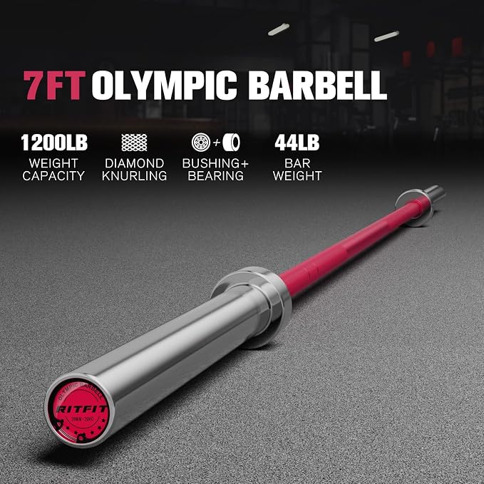 RitFit Elite 7ft Olympic Barbell, Robust 45lb Barbell for Weightlifting and Powerlifting, Superior Olympic Bar with Exceptional 500lbs Load Capacity, Weight Bar for 2” Standard Plates