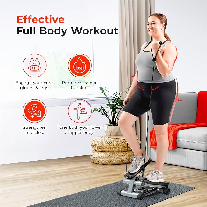 Sunny Health & Fitness Mini Stair Stepper w/Resistance Bands for Home Gym | Full Body Cardio, Adjustable Step Height, Hydraulic Resistance, LCD Meter, No Assembly, 300 lb Capacity, SunnyFit App