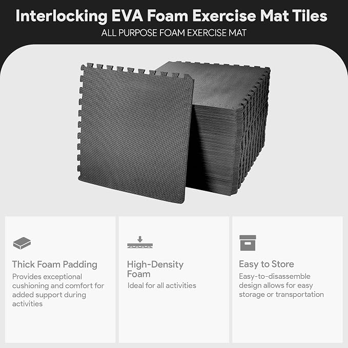 BalanceFrom Puzzle Exercise Mat 1/2-inch Thick, EVA Interlocking Foam Floor | Tiles for Home Gym, Studio, or Playroom Flooring, Black, 24 in x 24 in x 1/2 in, 144 Sq Ft - 36 Tiles