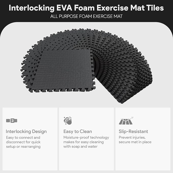 BalanceFrom Puzzle Exercise Mat 1/2-inch Thick, EVA Interlocking Foam Floor | Tiles for Home Gym, Studio, or Playroom Flooring, Black, 24 in x 24 in x 1/2 in, 144 Sq Ft - 36 Tiles