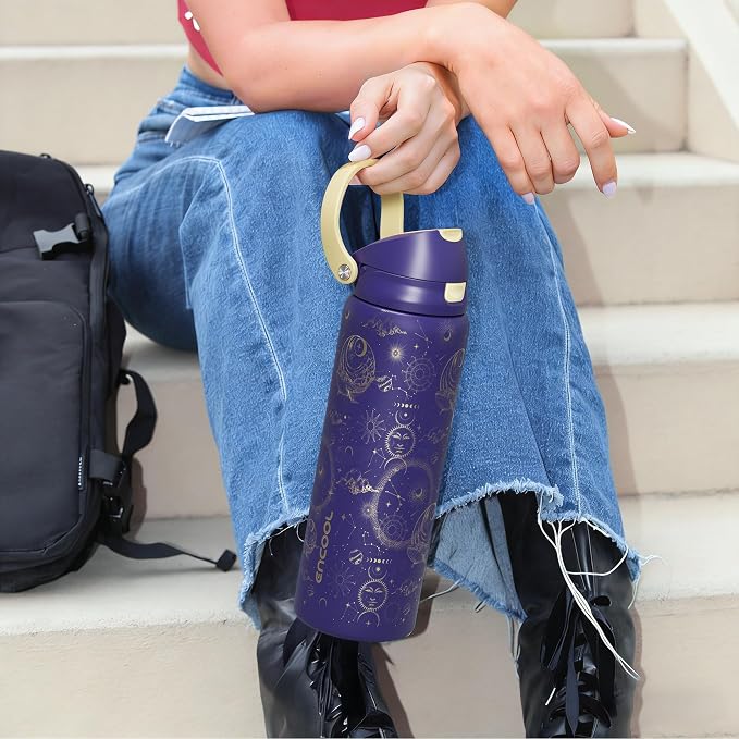 ENCOOL Leakproof Insulated Water Bottle with Straw Dual-Sip Water Bottle Bag-Safe Design for Work, Commute & Gym – Keeps Drinks Cold All Day, 24 oz, Astral Chart