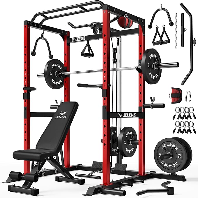 JELENS S21 Power Cage, Multi-Function Power Rack with Adjustable Cable Crossover System, 2000LBS Squat Rack for Home Gym with More Training Attachments