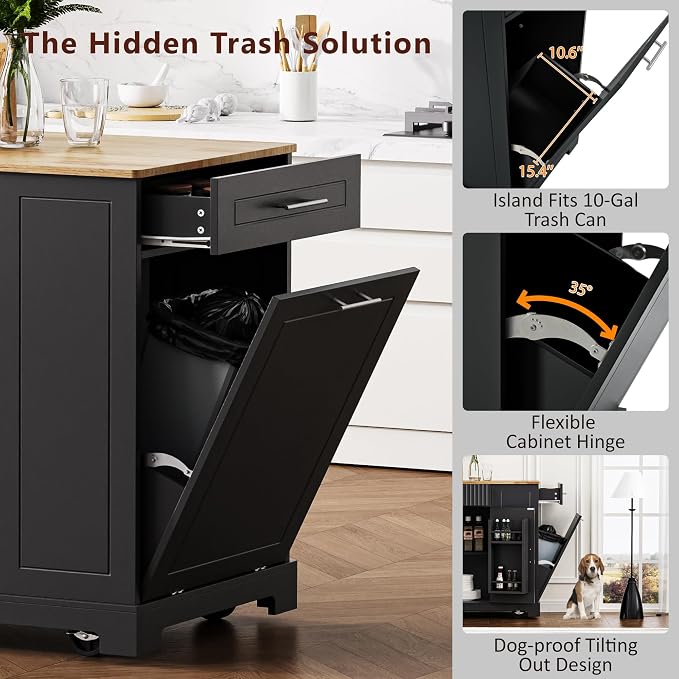 Merax Fluted Kitchen Island with Trash Can Storage Cabinet, Power Outlet, Internal Storage Rack, Rolling Kitchen Storage Cart on 5 Wheels with 3 Drawer, 3 Open Side Racks, Black
