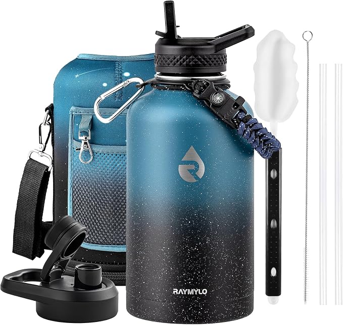 RAYMYLO Insulated Water Bottle 64 oz, Triple Wall Vacuum Stainless Steel | (Cold for 48 Hrs), Leak Proof & Non-BPA, Half Gallon Water Flask Jug with Paracord Handle & Straw Spout Lids