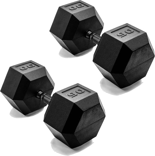 CAP Rubber Coated Dumbbell Weights, Free Weights for Home Gym Strength Training, Anti-Roll Hex Dumbbells with Black, Chrome & Comfort Grip Handles, Pairs & Sets