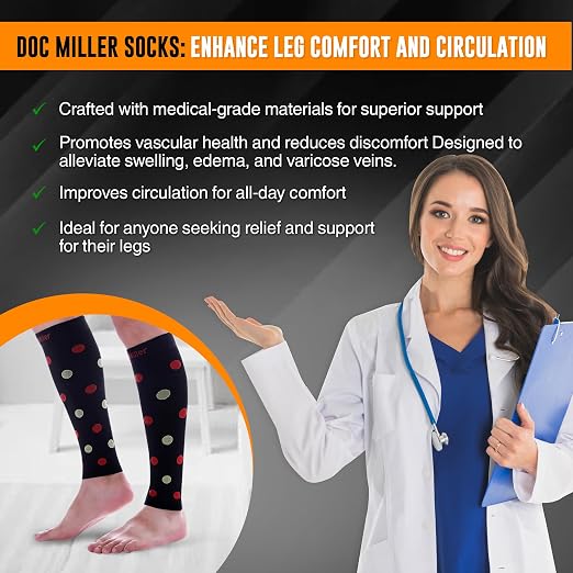 Doc Miller Calf Compression Sleeves 20-30 mmHg for Women & Men, 1 Pair | Footless Compression Socks, Polka Dots Design, Shin Splints Relief, Varicose Veins, Running, Nurses, Travel, Leg Support