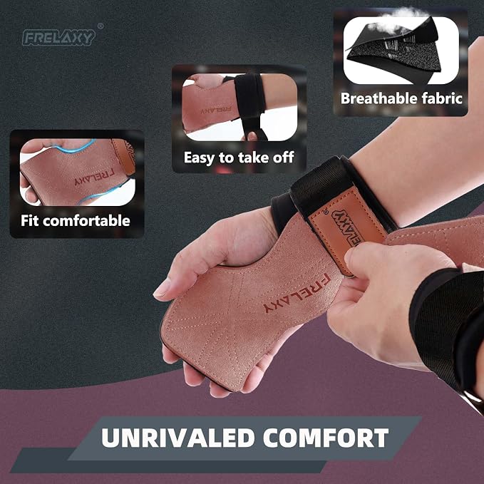 Frelaxy Lifting Wrist Straps for Women and Men, Weight Lifting Grips | Double-layer leather, Cushioned wrist support, Durable construction, Storage pouch, Deadlifts, rows, lat pulldowns