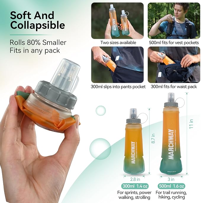 MARCHWAY Soft Hydration Flask with Wide Mouth, 300ml/500ml Collapsible TPU Water Bottle, Leakproof Portable Flexible for Running, Hiking, Cycling, Climbing, Gym, Travel (2pcs Orange-Green 300ml)