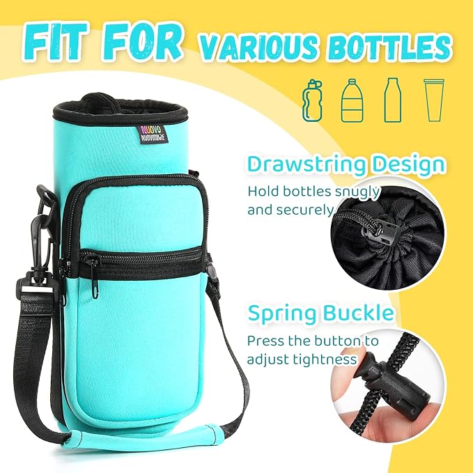 Nuovoware Water Bottle Carrier Bag, 25oz/32oz, Blue-green | Adjustable Shoulder Hand Strap, 2 Pocket, Neoprene Sleeve, For Hiking Travelling Camping