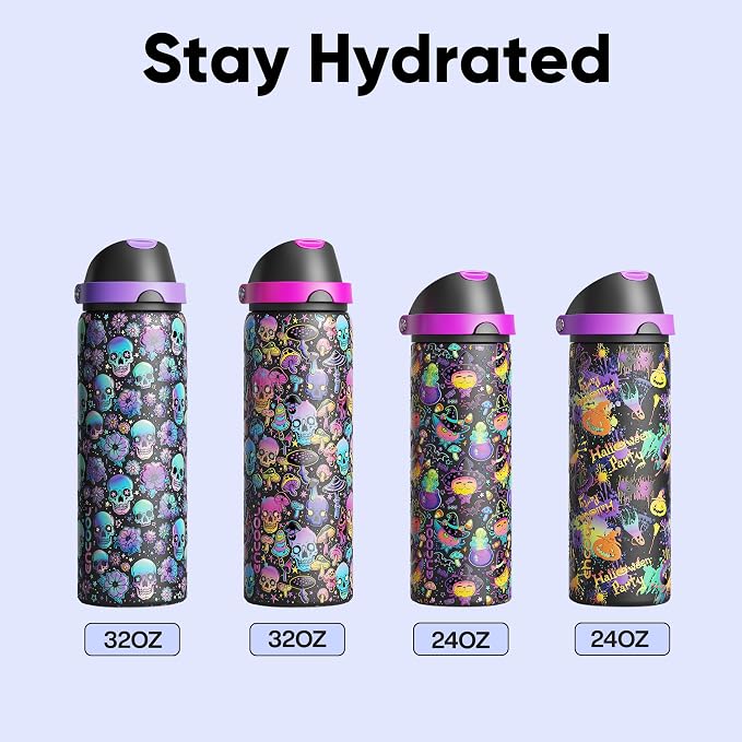 Insulated Water Bottle with Straw - Encool Stainless Steel Water Bottle with Push Button Lid, Leak-Proof & BPA-Free, Keeps Cold for 24 Hours for Sports, Travel, Gym (24 oz, Ghost Party)