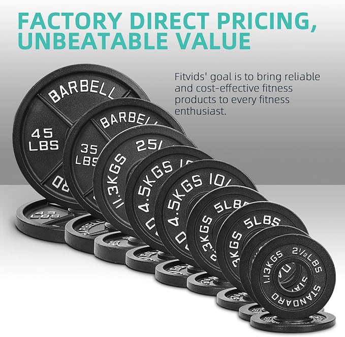 Fitvids 2 Inch Olympic Barbell Weight Plates and Bar Set, 5 FT Barbell Bar and 95 LB(2.5-25 LB) Barbell Weight Set for Home Gym Strength Training
