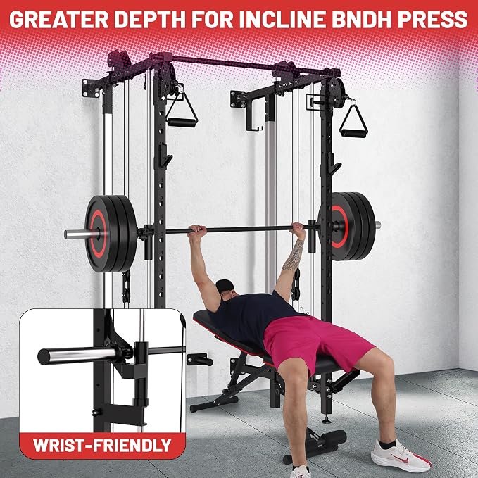 Garvee Folding Squat Rack, Wall Mounted Power Rack with Dual Independent Pulley System & Pull Up Bar, Multi-Function Power Cage with for Home Gym Space-Saving