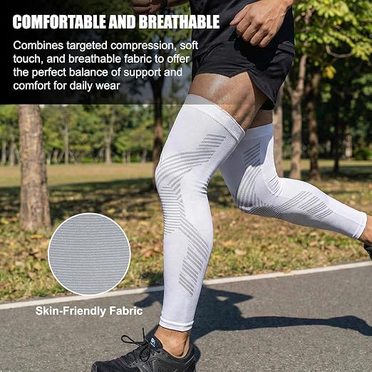 Full Leg Compression Sleeves for Men and Women,2 Pack Legs Sleeves Long Knee Brace Support for Running, Basketball, Cycling, Workout, Sports - White,L