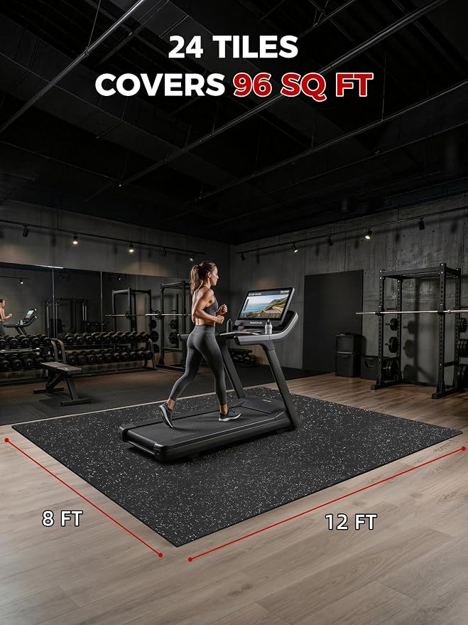 0.56" Rubber Top Gym Flooring, 24 Tiles 96 Sq Ft Heavy Duty Interlocking Gym Mats for Home Gym, Non-Slip High Density EVA Foam Workout Mat, Protect Floors from Weights, 24x24in, Black/White