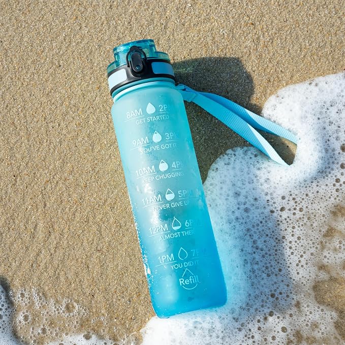 OLDLEY Water Bottle, 32oz Motivational Sports Water Bottle with Time Marker - Times to Drink - Tritan, BPA Free, Wide Mouth Leakproof,Luca