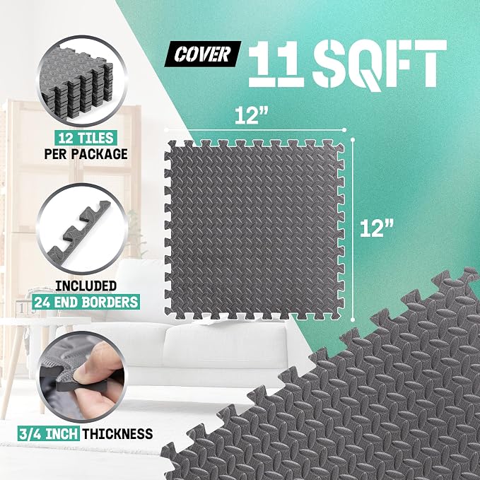 Yes4All EVA Interlocking Mats, Puzzle Floor Tiles, Foam Floor Padding with Border for Furniture, Home Space, Living Room, Garage 11 SQFT