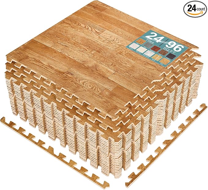 Sorbus Wood Grain Floor Tiles Foam Mat EVA Interlocking Mats Tile 3/8-Inch Thick Flooring Wood Puzzle Exercise Mats w/Borders - Home Playroom Basement, Apartment, Trade Show, Baby, Dance
