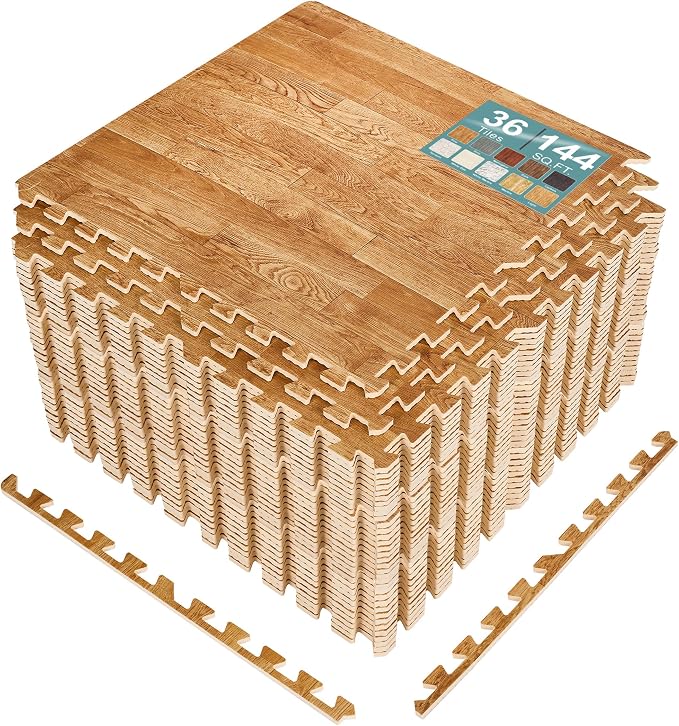 Sorbus Wood Grain Floor Tiles Foam Mat EVA Interlocking Mats Tile 3/8-Inch Thick Flooring Wood Puzzle Exercise Mats w/Borders - Home Playroom Basement, Apartment, Trade Show, Baby, Dance