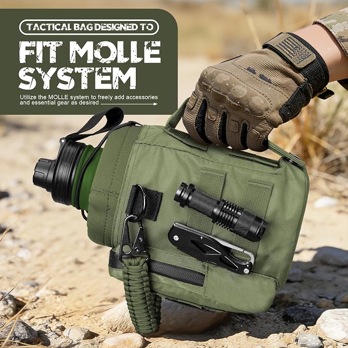 NATURE PIONEOR 64 oz Tactical Water Bottle with MOLLE Bottle Pouch & 3 Lids | 18/8 Food-grade Stainless Steel, Double Vacuum Insulation, 3 Leak-proof Lids, Handle, Strap, Camping, Hiking, Gym, Work