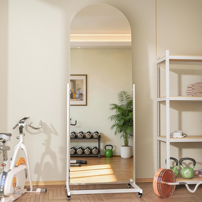 77"x26" Arched Full Length Rolling Mirror on Wheels, 360° Rotate | Tempered glass & metal frame, 360° rotation, standing holder included, ideal for bedroom, dance studio, fitness training