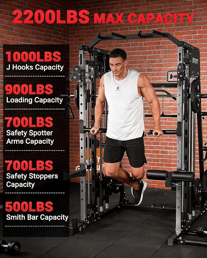 Garvee Smith Machine Home Gym, 2200LBS Power Cage Squat Rack with Smith Bar | With Cable Crossover, LAT Pull-Down & Leg Hold-Down - Multi-Functional Strength Training Equipment for Home, Red