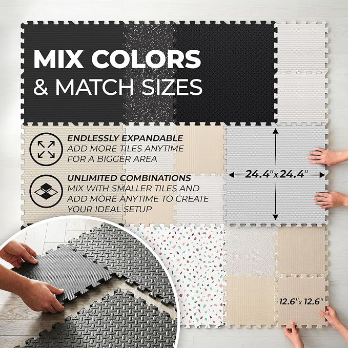bemaxx Gym Mats Set - 24 pcs EVA Interlocking Foam Floor Tiles (24.4"x24.4"x0.4") 96 sqft Protective Gym Flooring Sports Home Workout Exercise Mats Puzzle Garage Fitness Play-Room Pool Treadmill Bike