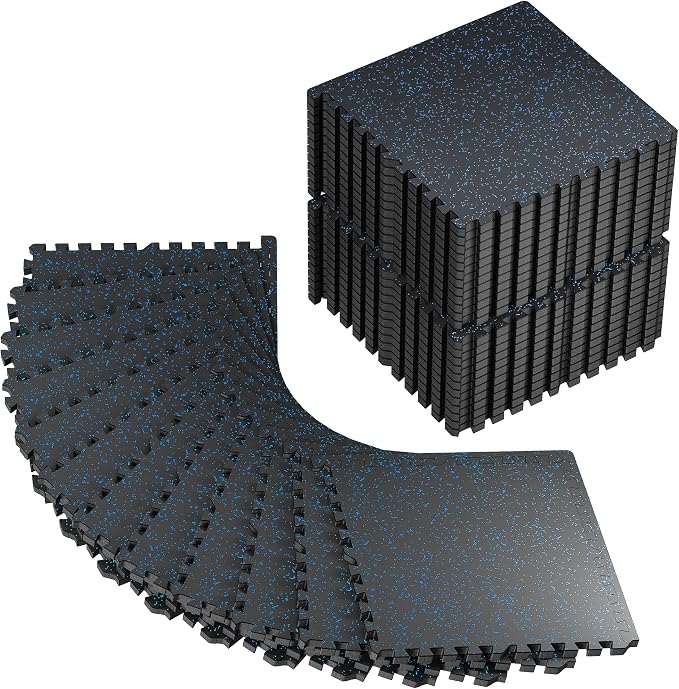 PRAISUN 0.6" Thicker Rubber Top Gym Flooring for Home Gym, 36 Pcs 144 Sq Ft Workout Mats, Exercise Mat, Interlocking Rubber Floor Mats with High Density EVA Foam for Garage, 24 x 24in, Black/Blue