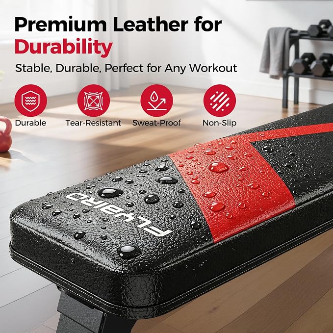 FLYBIRD Foldable Flat Weight Bench for Home Gym, 600/1000 lbs Capacity with Dual Locking for Strength Training, Easy Setup & Storage for Small Apartments, Lifting, Hip Thrust, Dumbbell Workout (A-Red)