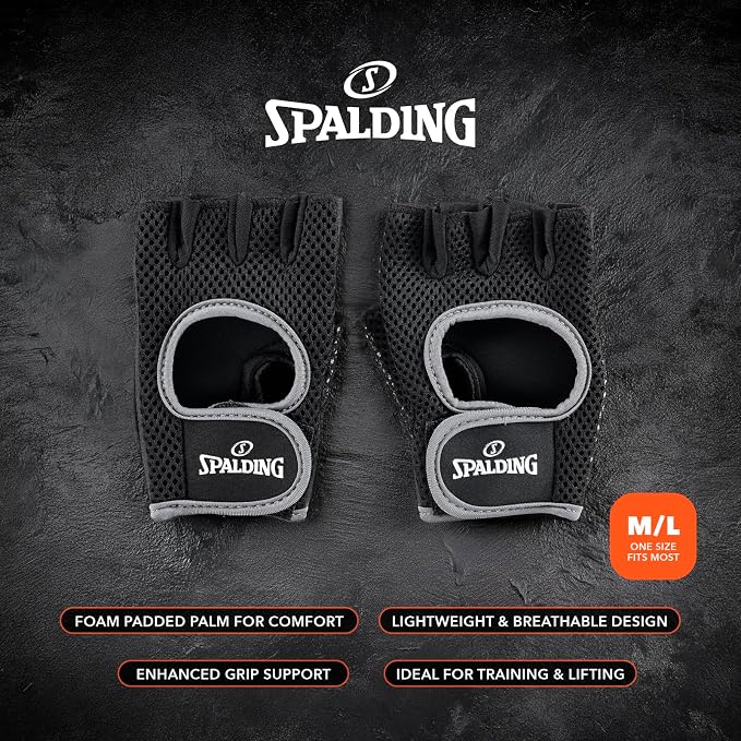 Spalding - Gym Gloves, Mesh Workout Gloves with Foam Padded Palm for Grip, Lightweight & Breathable, One Size Fitness Training Gloves for Weightlifting Exercise