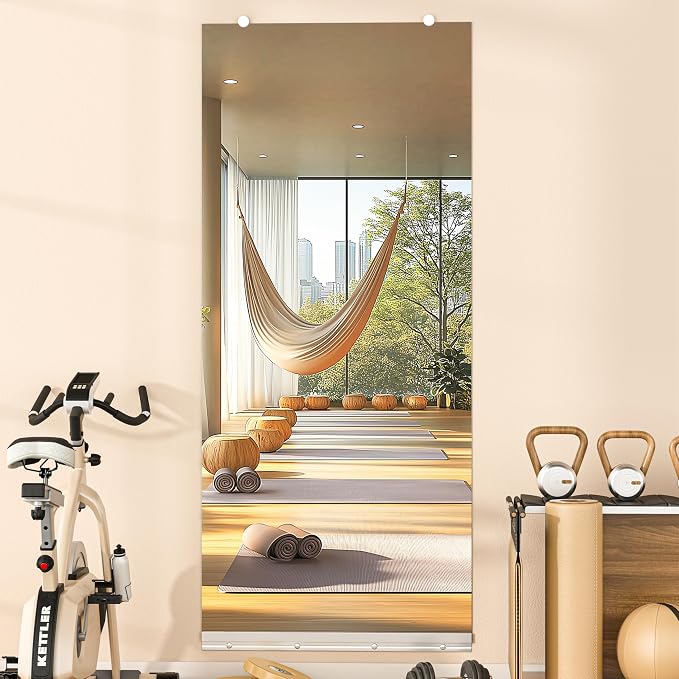 Hasipu Full Length Wall Mirror, 63"x28" Each, 1-Pack Frameless Wall Mounted Mirrors with Glass Clamps & Aluminum Rail, Large Body Mirror for Home Gym, Yoga Studio, Bedroom, Silver Tempered Glass