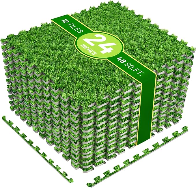 Sorbus Grass Foam Floor Tiles - 12 Interlocking Mats of 24"X24” Total of 48 Sq Ft for Kids Outdoor Toys, Playroom, Deck, Patio, Basement Home Gym - Artificial Carpet Grass Turf Indoor Outdoor Flooring