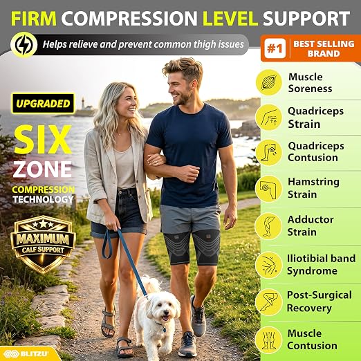 BLITZU Thigh Compression Sleeve, Hamstring Support Brace for Men Women M | Upper Leg Wrap for Running, Gym Workout, Muscle & Injury Recovery, Quad & Groin Comfort, Improved Circulation, Daily Wear