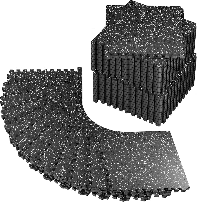 PRAISUN 0.56" Rubber Top Gym Flooring, Heavy Duty Interlocking Gym Mats for Home Gym, Non-Slip Workout Mat, 24 x 24in Large Gym Floor Mat, Protect Floors from Equipment, 144 Sq Ft, Black/Grey