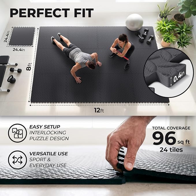 bemaxx Gym Mats Set - 24 pcs EVA Interlocking Foam Floor Tiles (24.4"x24.4"x0.4") 96 sqft Protective Gym Flooring Sports Home Workout Exercise Mats Puzzle Garage Fitness Play-Room Pool Treadmill Bike