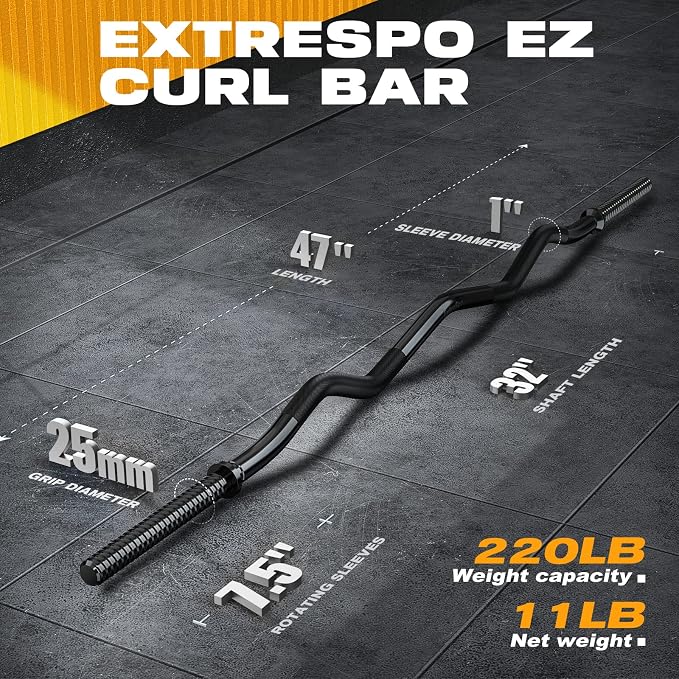 ExtreSpo 47" EZ Curl Bar Weight Lifting Bar, for Hip Thrusts/Squats/Lunges, 1" Weight Plates Curling Bar for Gym and Home, with Star Collars
